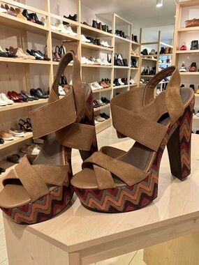 Platform Slingback Sandal - Tan Suede with Multicolor Zigzag Platform